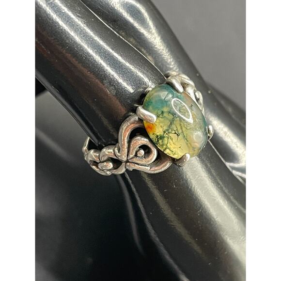 Vintage 925 Sterling Silver Moss Agate Gemstone Ornate Jewelry Ring Sz 6 6.45g - Picture 2 of 12